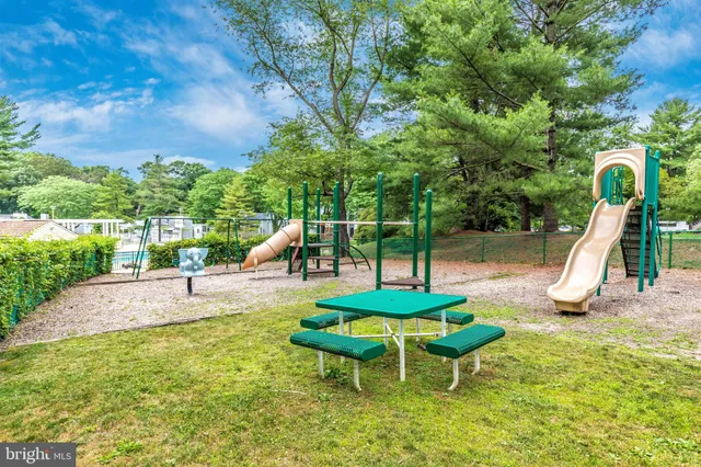 a swimming pool with lots of tress in front of it