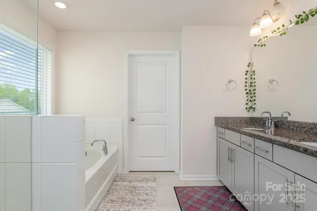 a bathroom with a tub sink and mirror