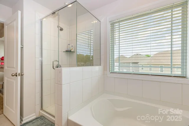 a bathroom with a bathtub and a shower