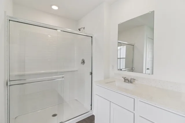a bathroom with a shower sink and mirror