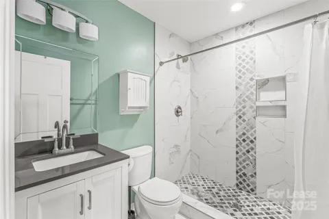 a bathroom with a granite countertop sink a toilet a shower and a mirror