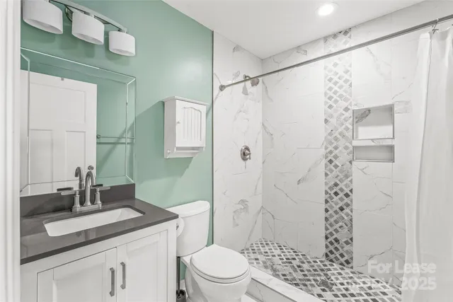 a bathroom with a granite countertop sink a toilet a shower and a mirror