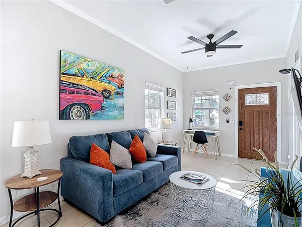 a view of a dining room with furniture
