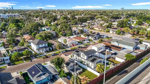 a city view with tall buildings