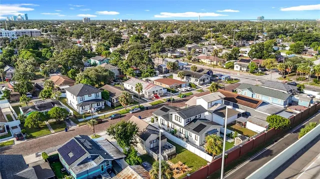 a city view with tall buildings