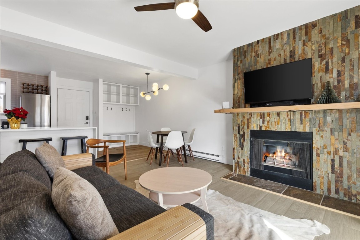 1565 Shadow Run Frontage, Unit B307 Steamboat Springs, CO 80487 - Photo 8 of 20 a living room with furniture a flat screen tv and a fireplace