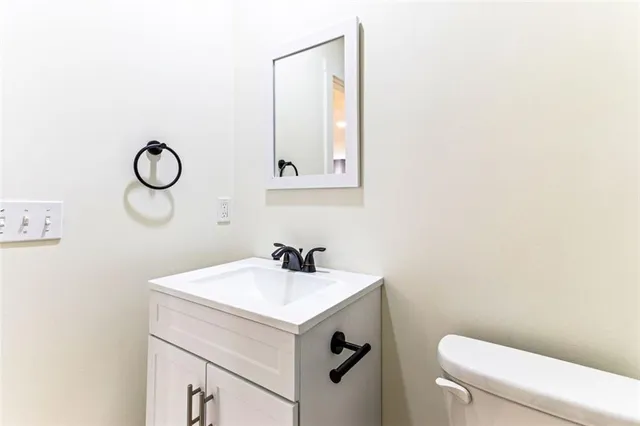 a bathroom with a sink vanity and toilet
