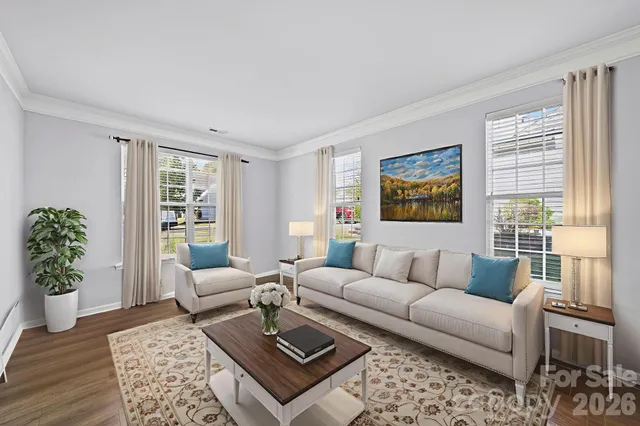 a living room with furniture rug and window