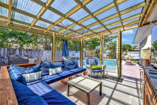 a building outdoor space with patio furniture