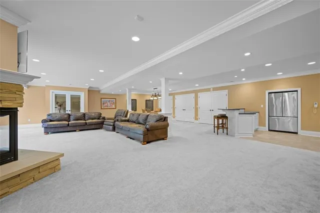 a living room with furniture and a table