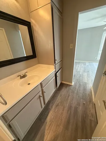 a bathroom with a sink and a mirror