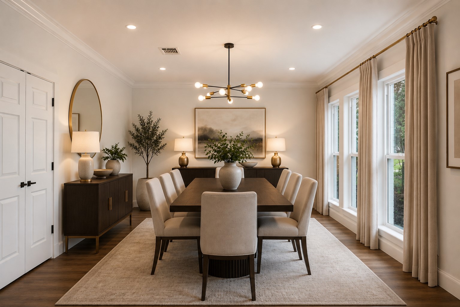 523 Rampart Lane Conroe, TX 77302 - Photo 5 of 41 Elegant formal dining room featuring luxury vinyl plank flooring, designer lighting, oversized windows, and abundant natural light. The spacious layout provides the perfect setting for hosting gatherings, holiday dinners, and special occasions. Digitally staged.