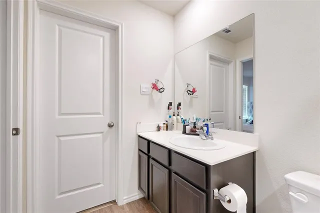 a bathroom with a sink vanity and a mirror