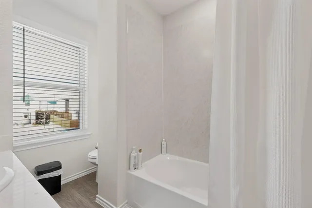 a bathroom with a bathtub and a toilet