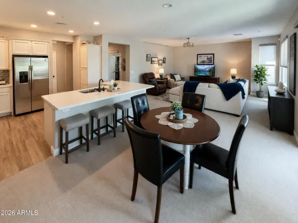 a view of a dining room with furniture