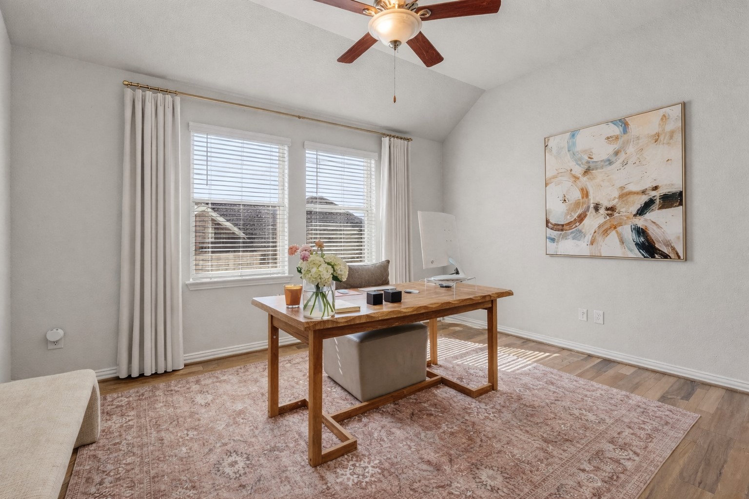 918 Leadtree Loop Buda, TX 78610 - Photo 4 of 27 Office space with a ceiling fan, vaulted ceiling, and light wood-style floors