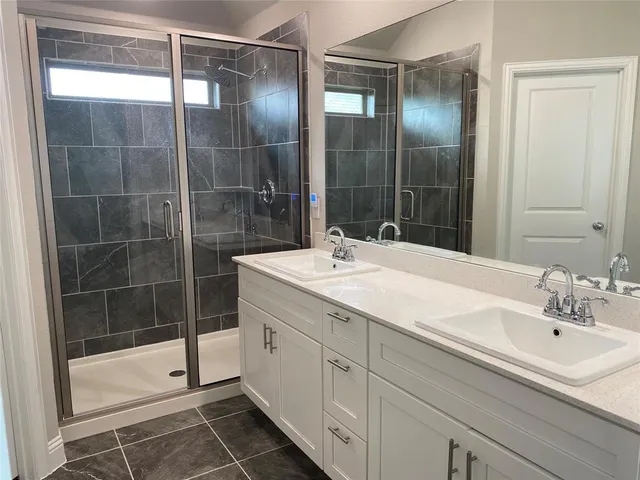 a bathroom with a shower sink and mirror