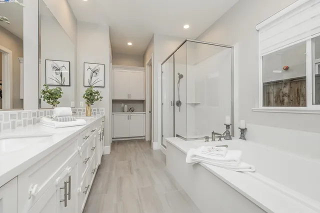 a bathroom with a double vanity sink a mirror and a shower