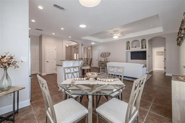 a view of a dining room with furniture