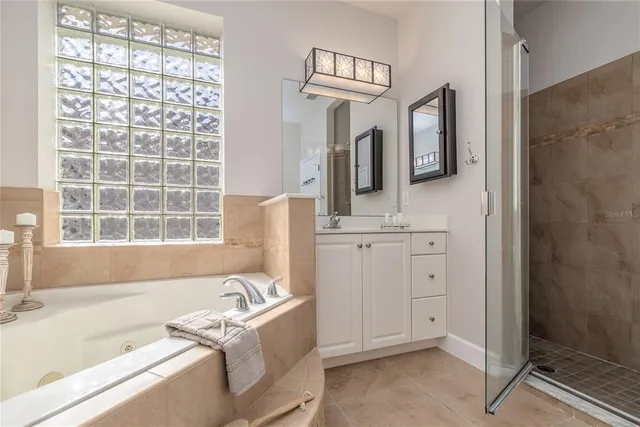 a bathroom with a bathtub sink and mirror