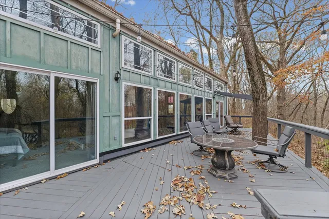 a view of a building with sitting area