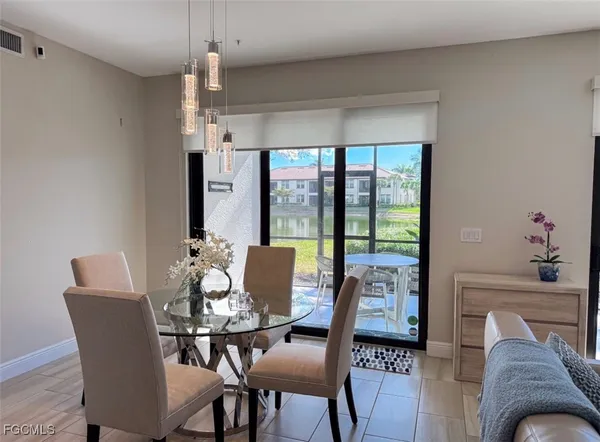 a view of a dining room with furniture window and outside view