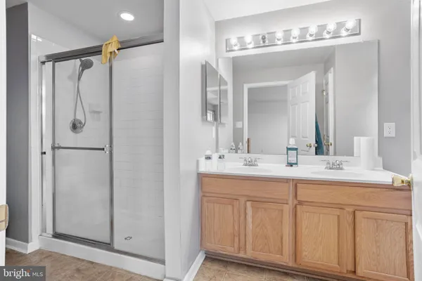 a bathroom with a double vanity sink a mirror and a shower