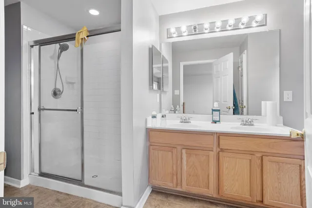 a bathroom with a double vanity sink a mirror and a shower