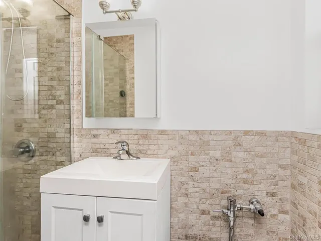 a bathroom with a sink a mirror and a shower