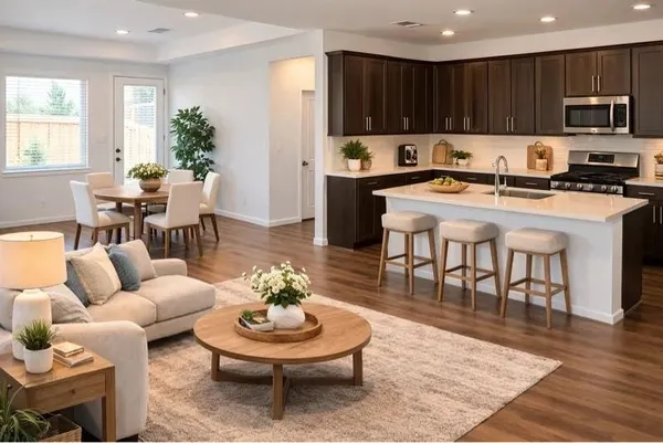 a kitchen with kitchen island white cabinets and stainless steel appliances