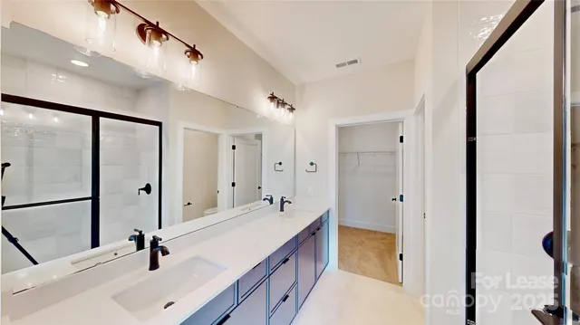 a bathroom with a double vanity sink a mirror and shower
