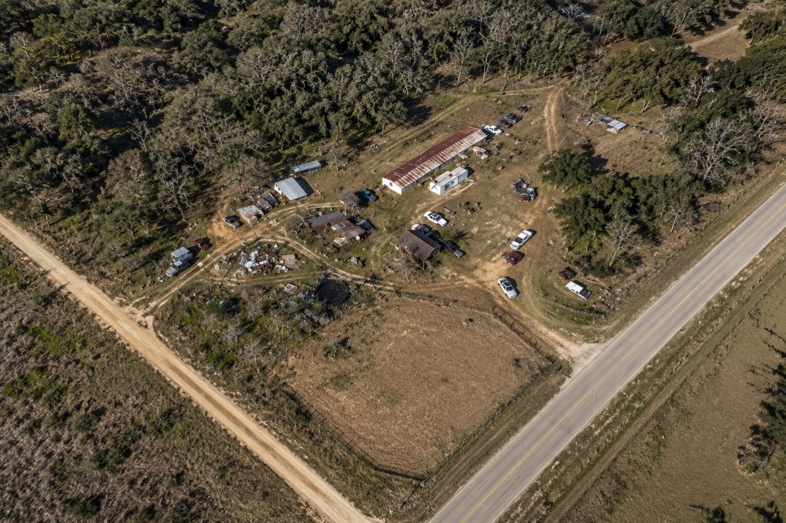 9880 Dix Road Kingsbury, TX 78638 - Photo 34 of 39 Aerial view showing the property, structures, and surrounding rural setting, enhanced from Google Earth imagery.