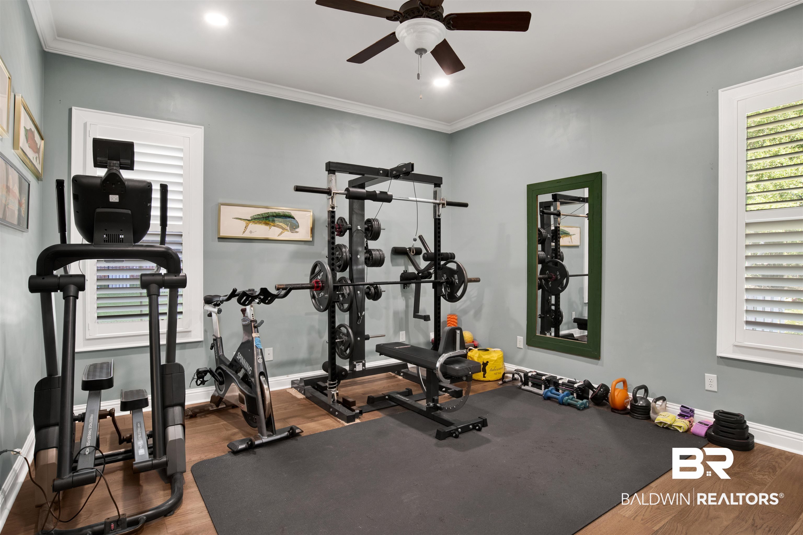 11116 Redfern Road Daphne, AL 36526 - Photo 32 of 46 Exercise area featuring ornamental molding, dark wood-style floors, recessed lighting, and a ceiling fan