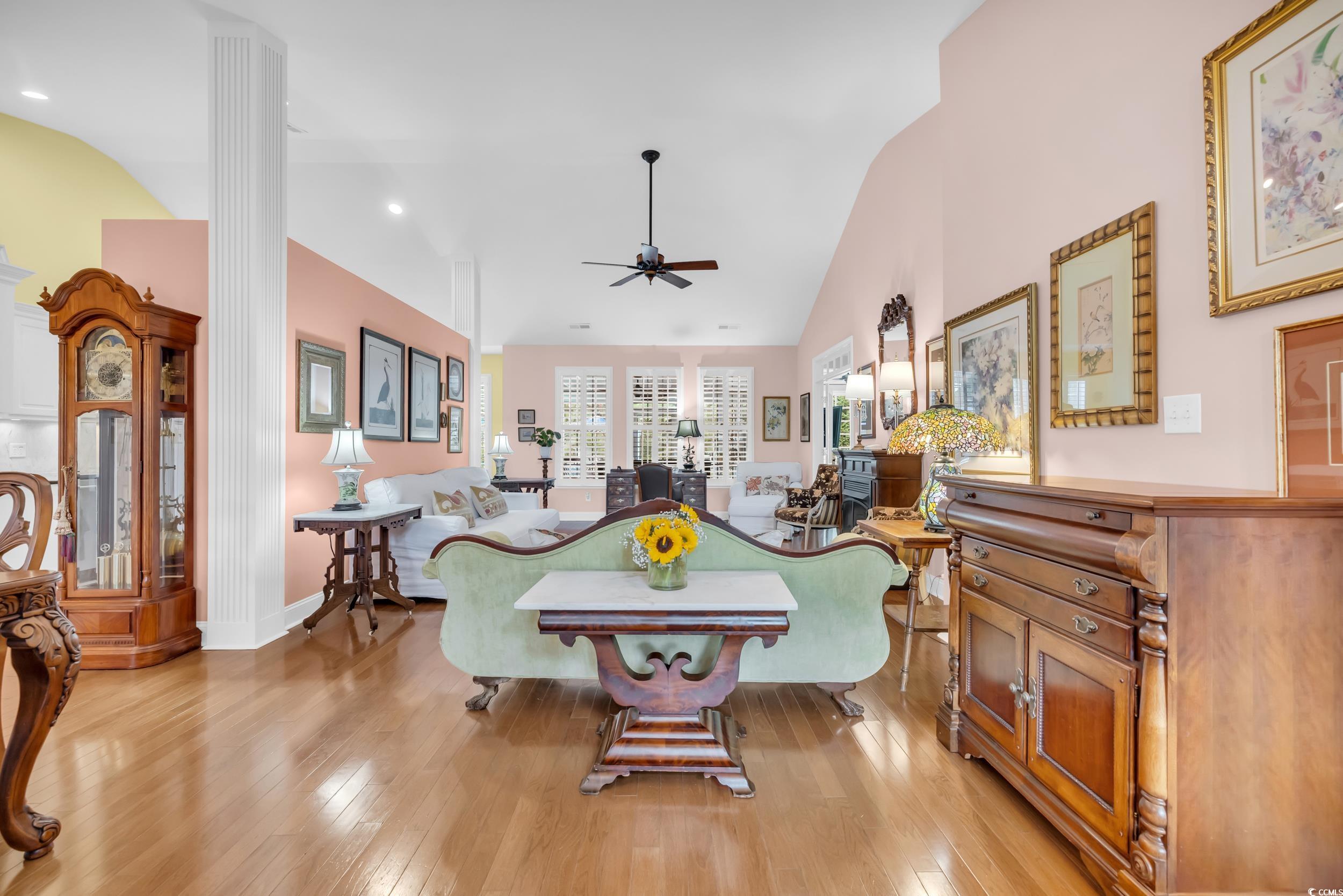 3112 Bayhaven Drive Myrtle Beach, SC 29579 - Photo 5 of 40 Living area featuring lofted ceiling, light wood-style floors, a ceiling fan, and recessed lighting