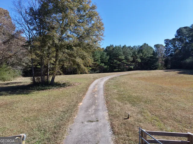 a view of a dry yard with trees