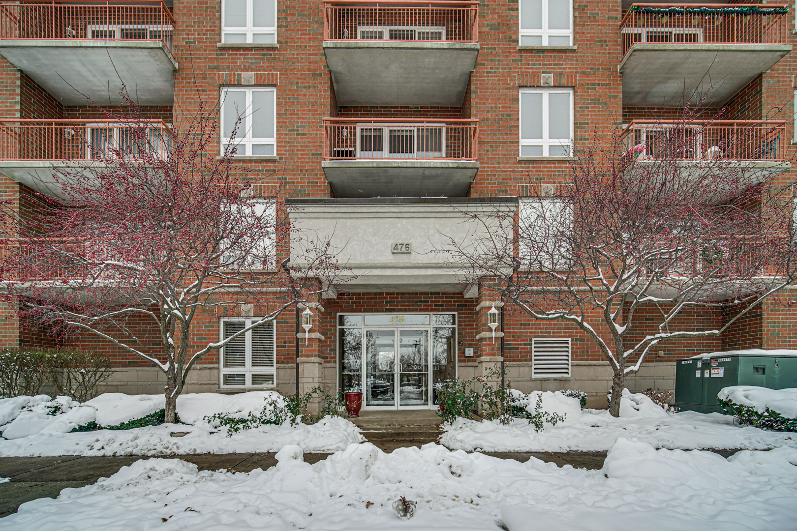 a front view of a house with a yard covered in snow
