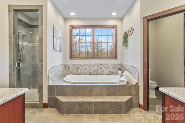 a bathroom with a granite countertop sink a mirror and a shower