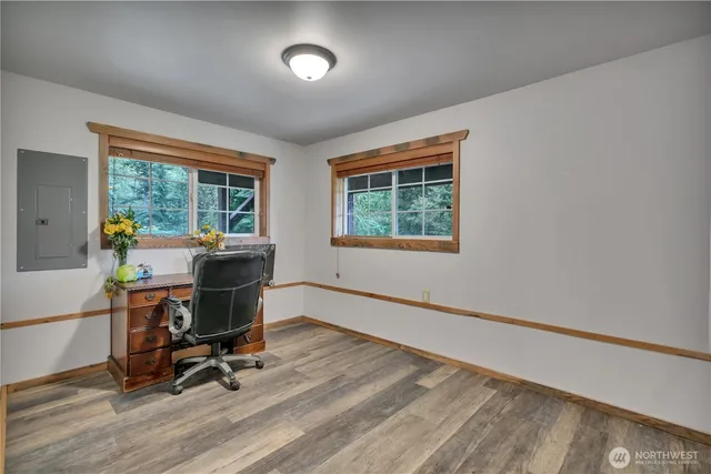 a view of a porch with a backyard