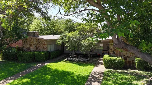 a view of a backyard with pathway