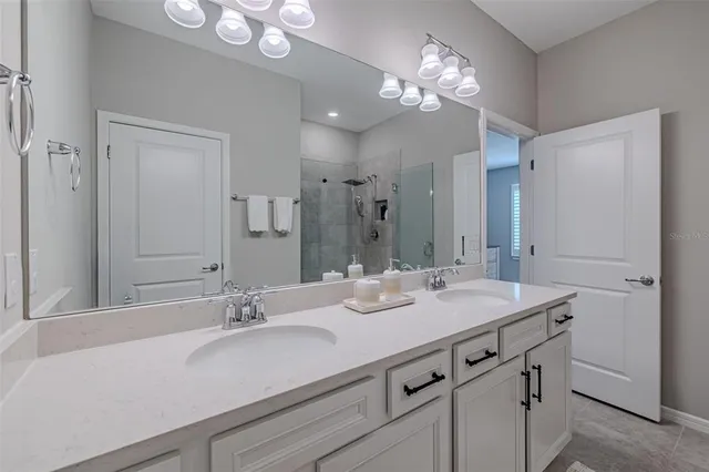 a bathroom with a sink double vanity and a mirror