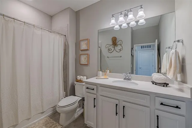 a bathroom with a sink a toilet a mirror a vanity and shower curtain
