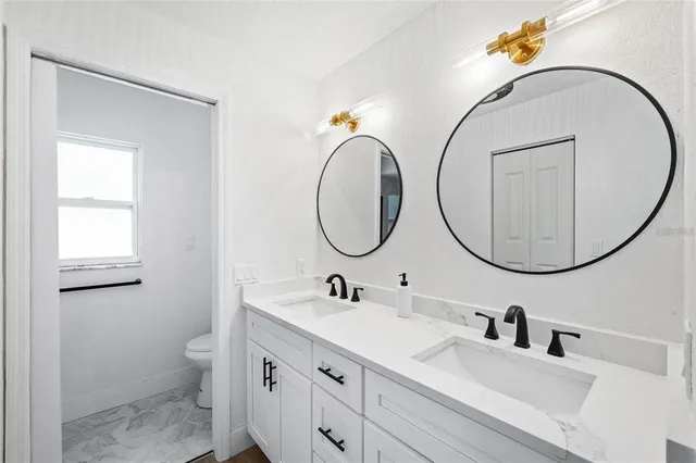 a bathroom with a sink a toilet and a mirror