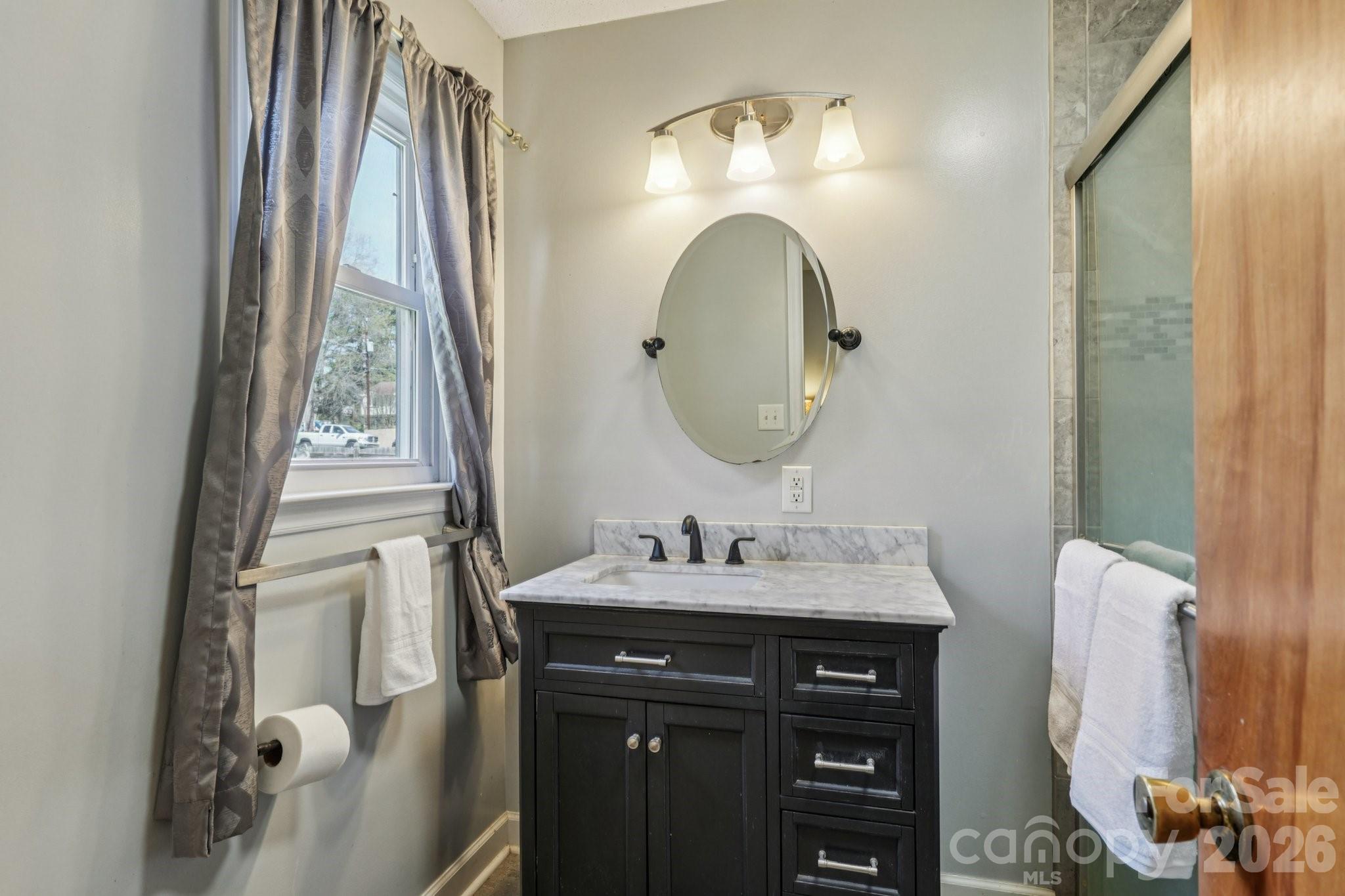 660 South Peace Haven Road Winston-Salem, NC 27103 - Photo 18 of 43 a bathroom with a sink vanity and a mirror