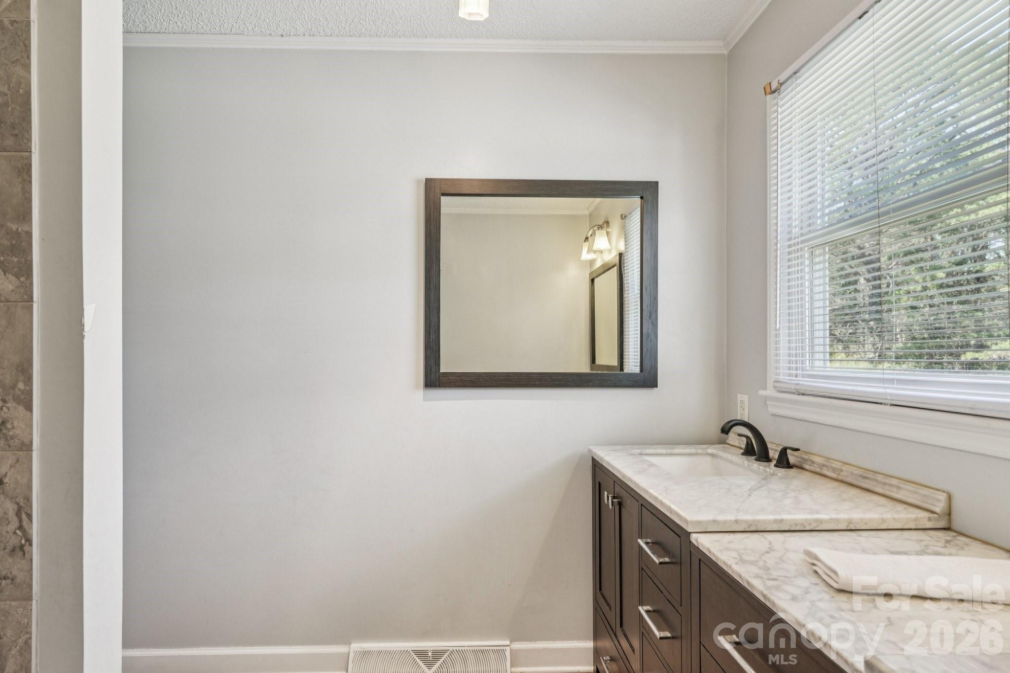 660 South Peace Haven Road Winston-Salem, NC 27103 - Photo 26 of 43 a bathroom with a granite countertop sink a mirror and a window