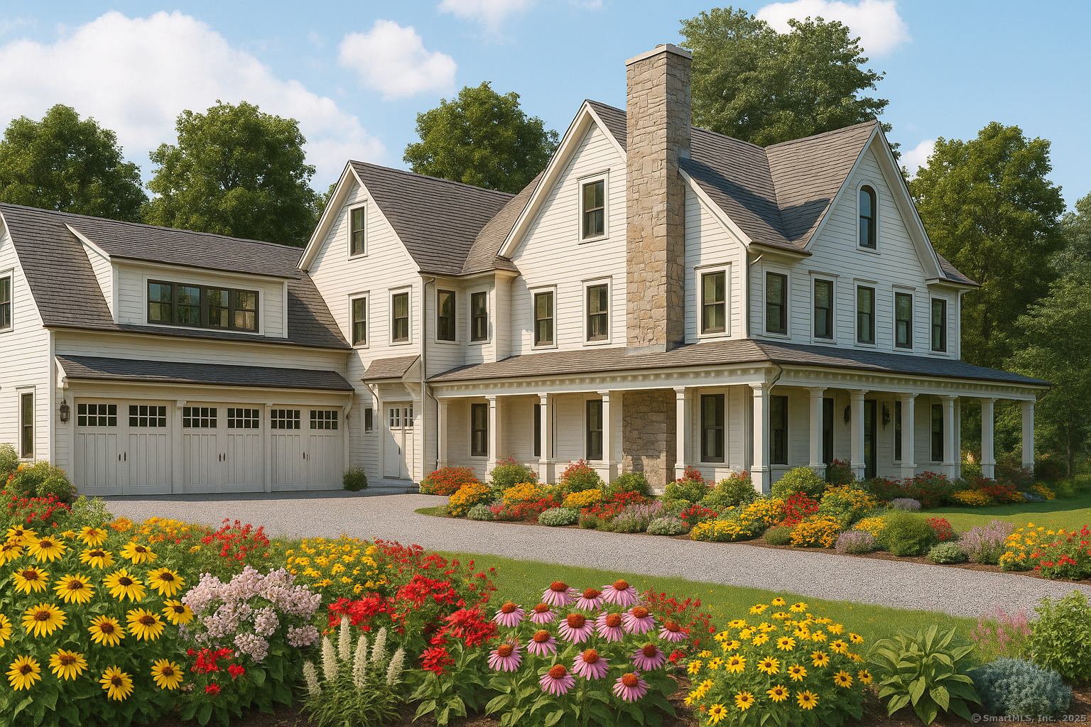 a front view of a house with a yard and fountain in middle
