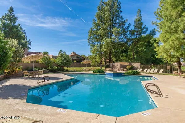 a view of a swimming pool with lounge chairs