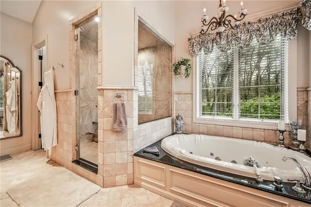 a bathroom with a bathtub and shower