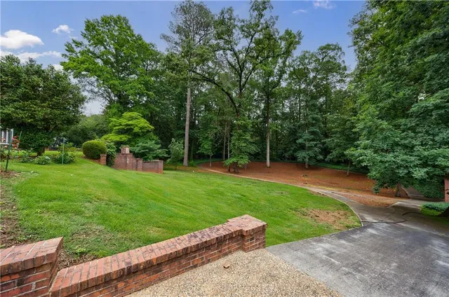 a view of a park with large trees
