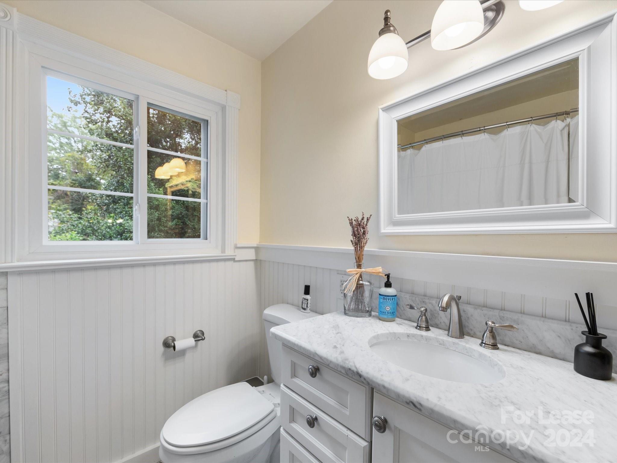 4411 Castleton Road Charlotte, NC 28211 - Photo 34 of 45 a bathroom with a granite countertop toilet sink and mirror