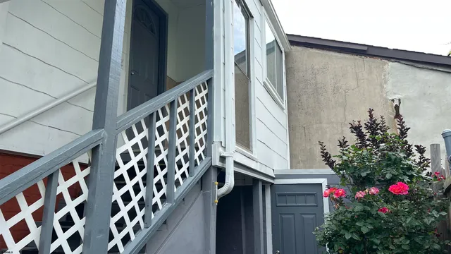 a house view with a potted plant on a wall